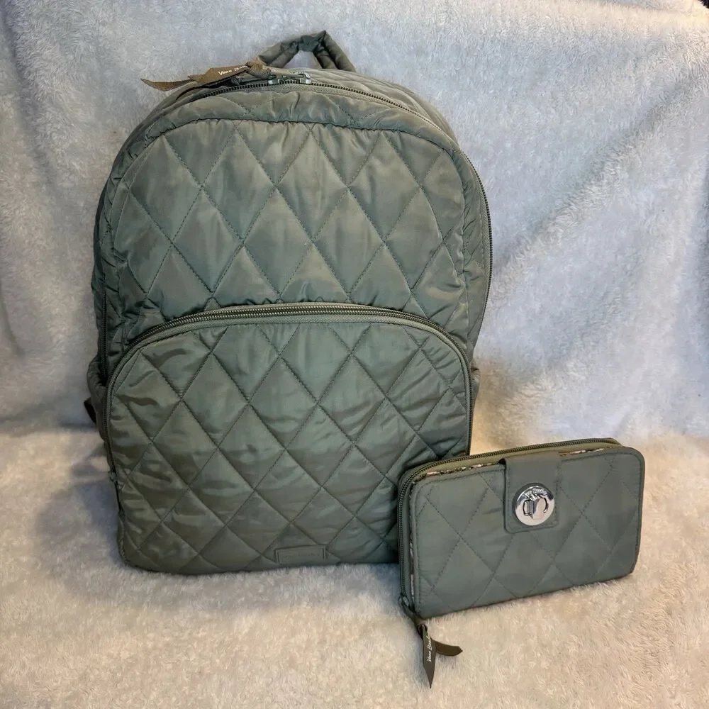 Vera Bradley quilted back pack olive leaf green with matching wallet lighten up